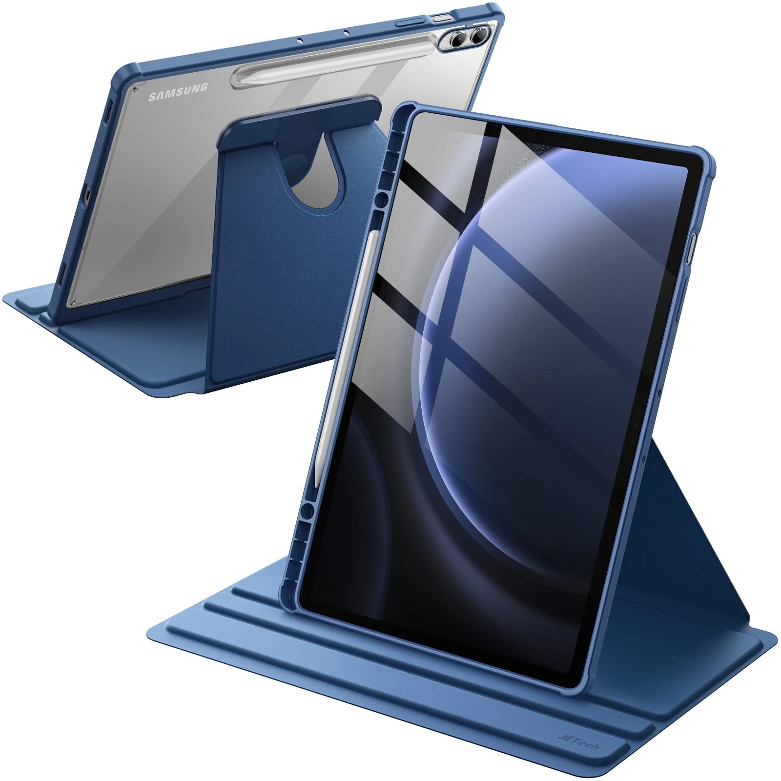 JETech Rotating Case for Samsung Galaxy Tab S10+ 2024/Tab S9 FE+/S9+ 2023 12.4-Inch with S Pen Holder, 360 Degree Rotation Protective Stand Cover Clear Back, Auto Wake/Sleep (Navy)