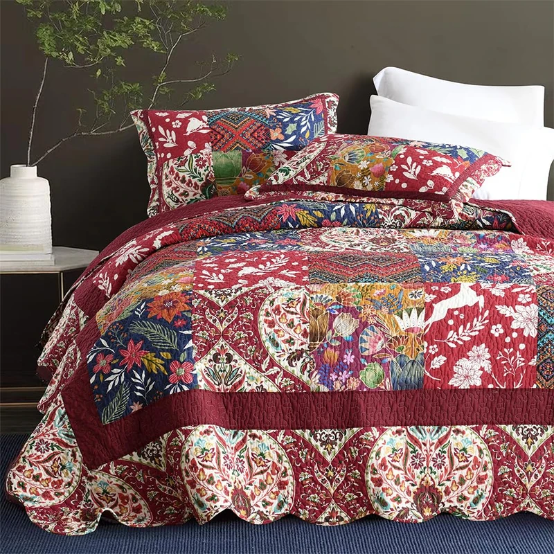 camandy Cotton Bedspread Quilt Bedding Sets 3 Pieces Reversible Coverlet Sets Comforters Gorgeous Paisley Floral Patchwork Red Bedspread, Queen Size