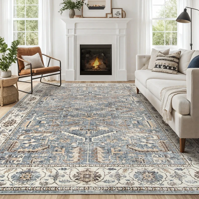 8x10 Area Rug for Living Room - Washable Soft Traditional Tribal Rug for Bedroom Dining Room Home Office, Non-Slip Stain Resistant Vintage Distressed Indoor Floor Carpet- Blue Multi