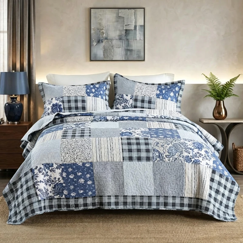 camandy Cotton Bedspread Quilt Bedding Sets 3 Pieces Reversible Coverlet Sets Comforters Rustic Floral Patchwork Blue White Bedspread, King Size