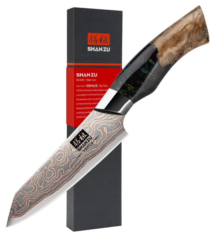 SHAN ZU Japanese Peeling Knife 33 Layer Damascus Knife 8 inch, Kitchen Knives High Carbon Copper & Damascus Steel Hand Forged Paring Knife Professional with Maple Wood Handle for Fruit, Vegetable