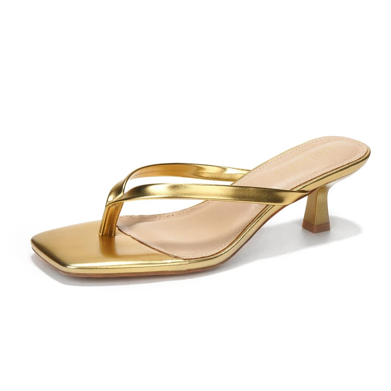 LULLASONG Women's Kitten Heels Sandals Square Open Toe Flip Flop Heels 1.8-2 Inch Heeled Sandals for Women, Gold, 6 UK - Image 1