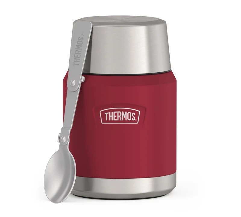 Thermos ICON Food Jar 0.47 L, Red/Wild Berry Matt, Food Jar 470 ml, Double-Walled 18/8 Stainless Steel, Keeps Warm and Cold, with Folding Spoon, Non-Slip Base, Completely Leak-Proof