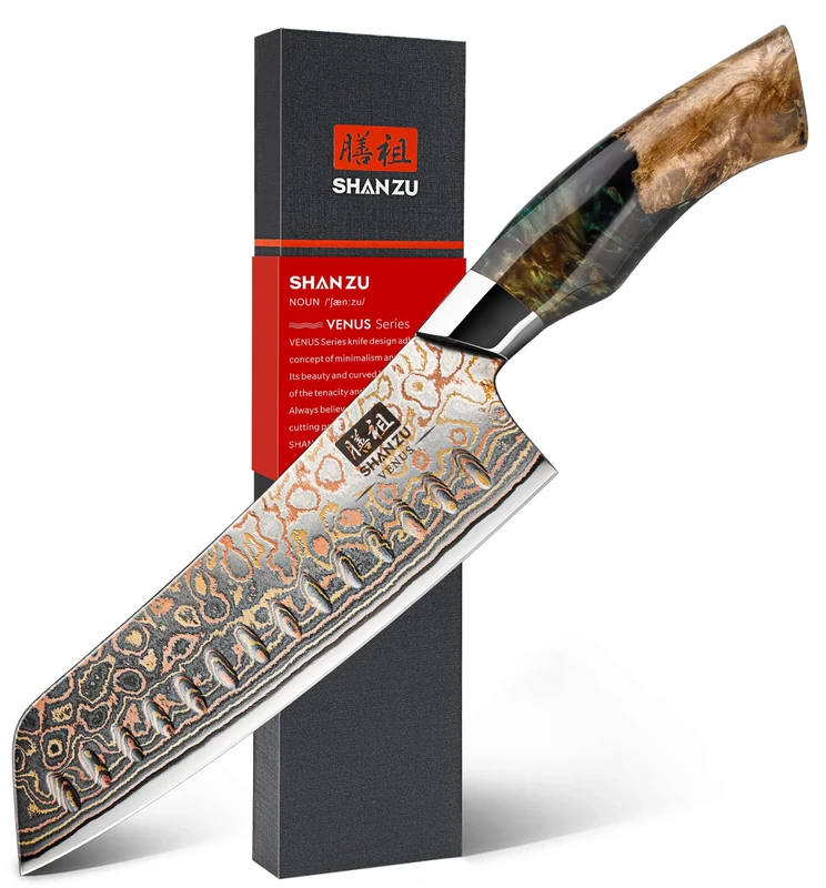 SHAN ZU Damascus Santoku Knife 8 inch, Japanese Kitchen Knives Copper & Damascus Steel High Carbon 33 Layer Hand Forged Ultra Sharp Utility Chef Knife Professional Carving Knife with Maple Wood Handle