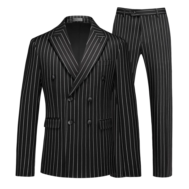 MOGU Mens Double Breasted Pinstripe Suit - 2 Piece Slim Fit Vintage Tuxedo for Groomsmen, Wedding, Prom, Black, S