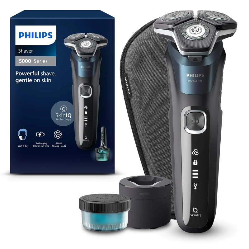 Philips Shaver Series 5000, Wet & Dry Electric Shaver, with SkinIQ Technology, Electric Razor with Pop-up Trimmer, Travel Case, Quick Cleaning Pod, Electric Blue, Model S5889/50