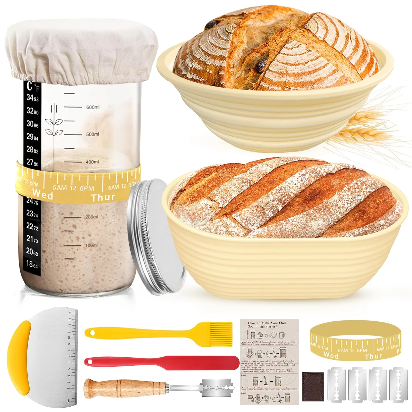 Sourdough Starter Kit Bread Baking Supplies,34oz Sourdough Starter Jar, 9 Inch Round + 10 Inch Oval Bread Proofing Basket,Thermometer,Feeding Time Tracker,Metal Scraper Bread Making Accessories