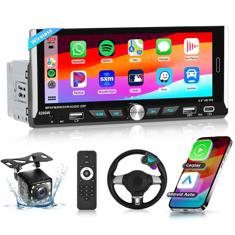 Podofo Single Din Car Stereo with Wireless Carplay Android auto 6.9 inch 2.5D IPS Touchscreen Car Radio Bluetooth 5.0 Mirror Link EQ FM/RDS radio USB/Type-C/TF Card SWC Backup Camera