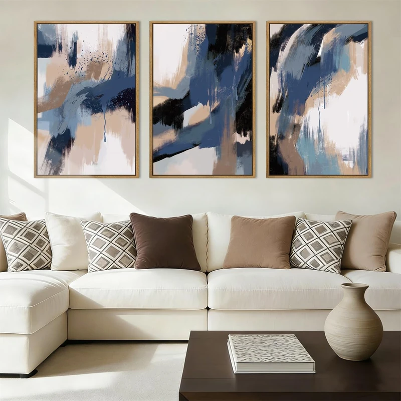Extra Large Blue Neutral Wall Art Modern Abstract Wall Painting Framed Blue Artwork Abstract Blue Wall Decor Modern Abstract Art Prints Neutral Abstract Paintings for Living Room Bedroom Office 24x36