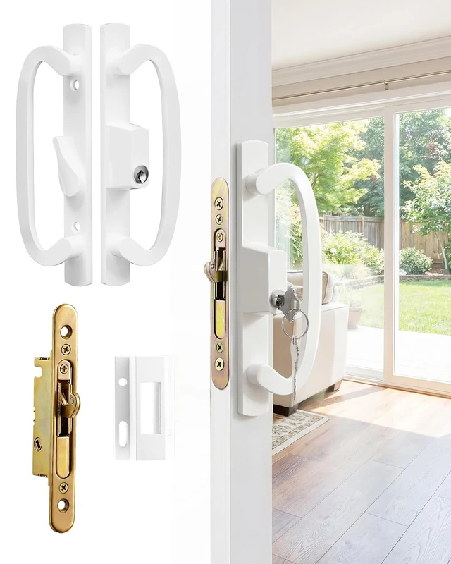 Keyed with Lock Offset Position Keyed Sliding Patio Door Handleset with Mortise Lock, 45° Keyway, 3-15/16" H.C., Fits 1-3/8" to 2" Thick Doors, Non-Handed, White Diecast