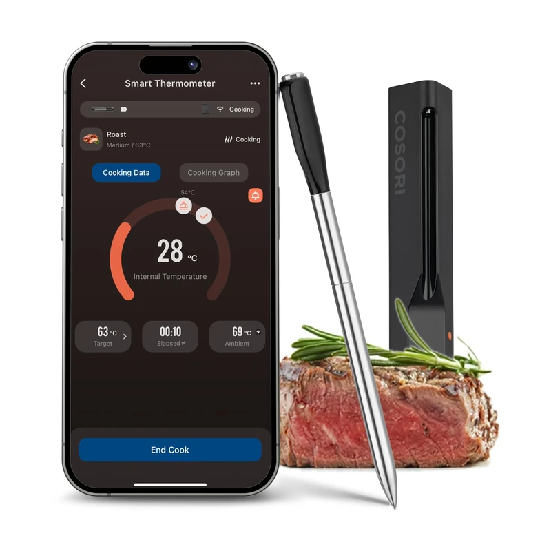 Cosori Wireless Meat Thermometer, 50m Range Bluetooth Meat Thermometer for Air Fryer Grill Kitchen and BBQ Oven Smoker, Smart APP with Expert Recipes