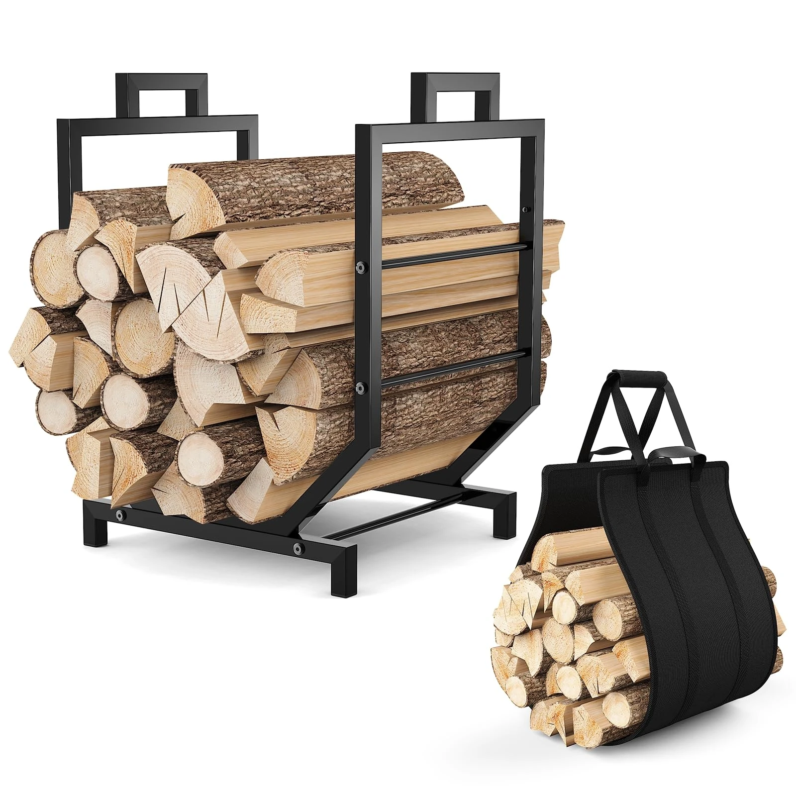 Mutool Firewood Rack with Canvas Carrier, Metal Firewood Log Holder for Indoor Outdoor, Heavy Duty Wood Basket for Fireplace Wood Storage, Black