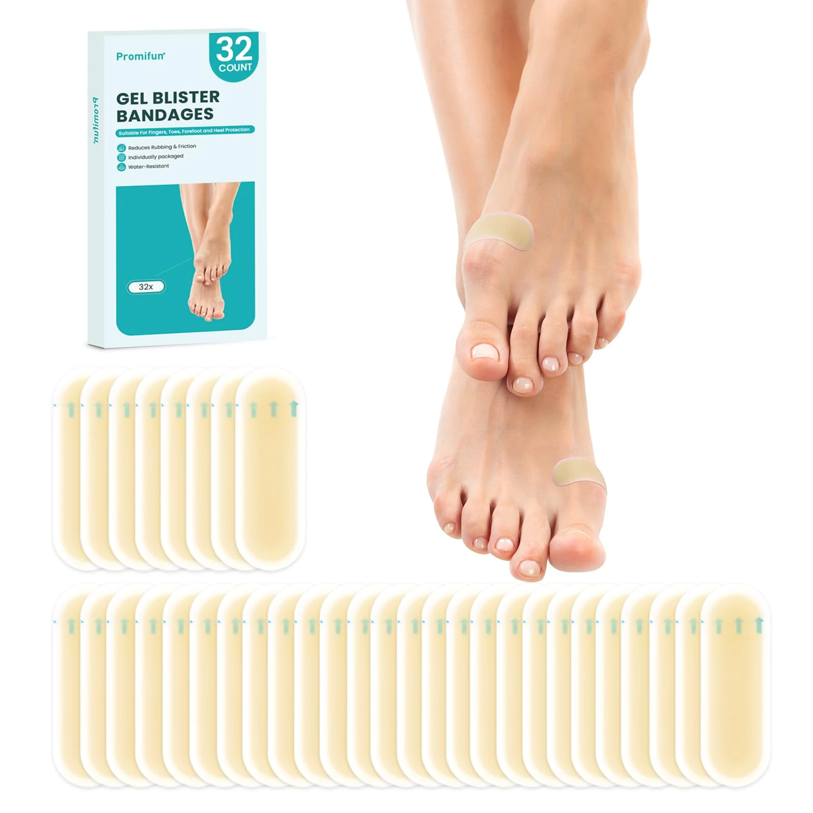 Promifun Waterproof Hydrocolloid Gel Blister Bandages - Pads for Heel, Foot, Toe & Feet (32ct, Spot Pack)
