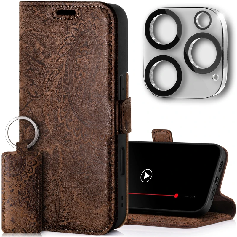 SURAZO Slim Magnetic Mobile Phone Case for Apple iPhone 16 Pro Max Case Leather Folding Genuine Leather Protective Case [Card Slot, RFID Protection, Camera Protection] [Pattern] Flip Wallet Case Cover