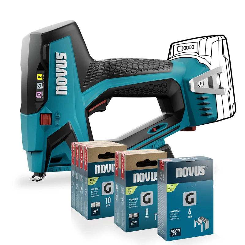 NOVUS TOOLS Battery Stapler J-551 Set Including 9,800 Staples │ Compatible with 18V Li-Ion CAS Battery │ Without Battery and Charger │ for Flat Wire Staples 6-14 mm and Nails 16 mm │ Professional