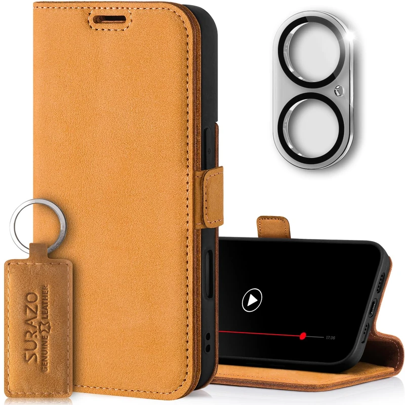 SURAZO Genuine Leather Case for iPhone 16 Plus - Camel