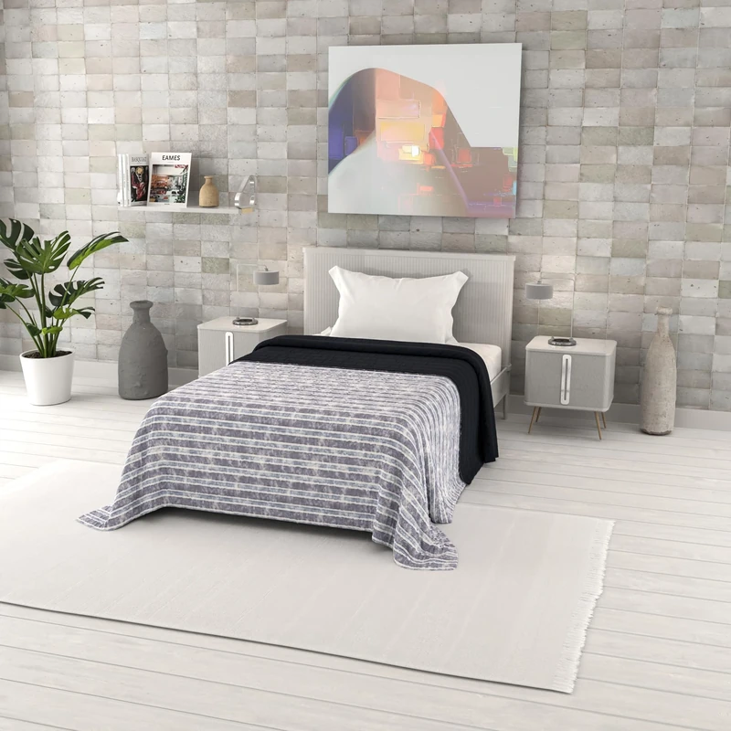 Italian Bed Linen Fantasy Printed Summer Quilt, Polyester Filling, Jeans Stripes, 220 x 270 cm