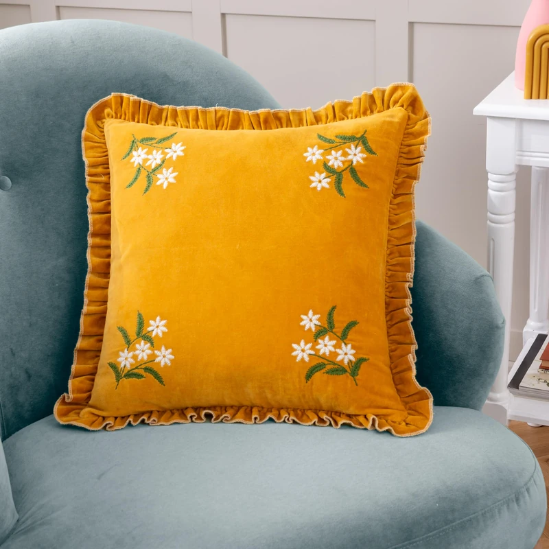 furn. Daisy Frill Embroidered Cotton Velvet Feather Rich Filled Cushion
