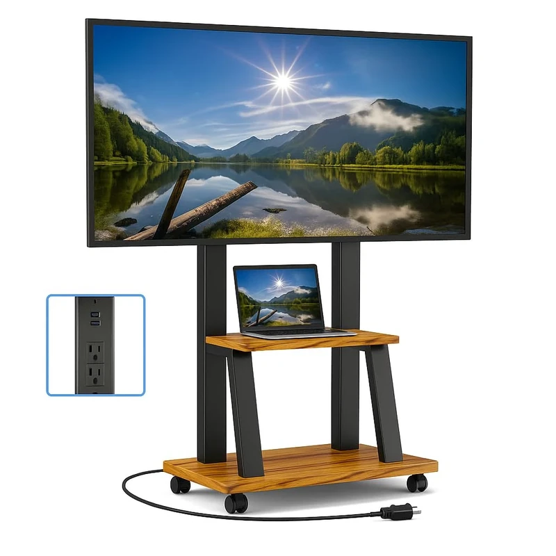 DIOOSN Rolling TV Stand for 32-80 Inch TVs, Mobile TV Cart with Power Outlet, Outdoor Tv Stand with Wheels, Portable tv Stands for LCD OLED 4K Flat/Curved Panels Max VESA 600x400mm (Walnut)