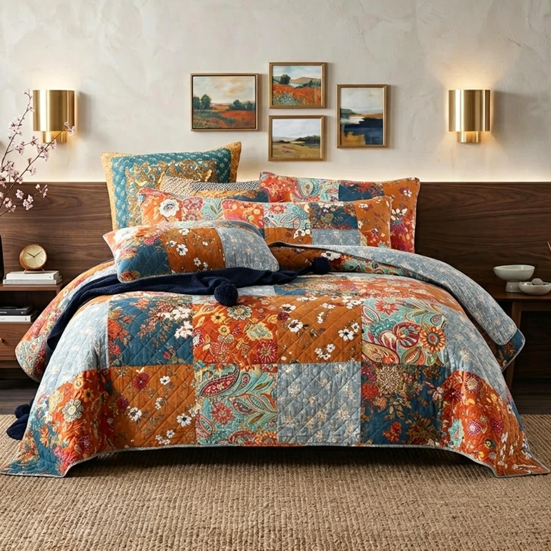 camandy Cotton Bedspread Quilt Bedding Sets 3 Pieces Reversible Coverlet Sets Comforters Luxury Paisley Floral Patchwork Brown Bedspread, Queen Size