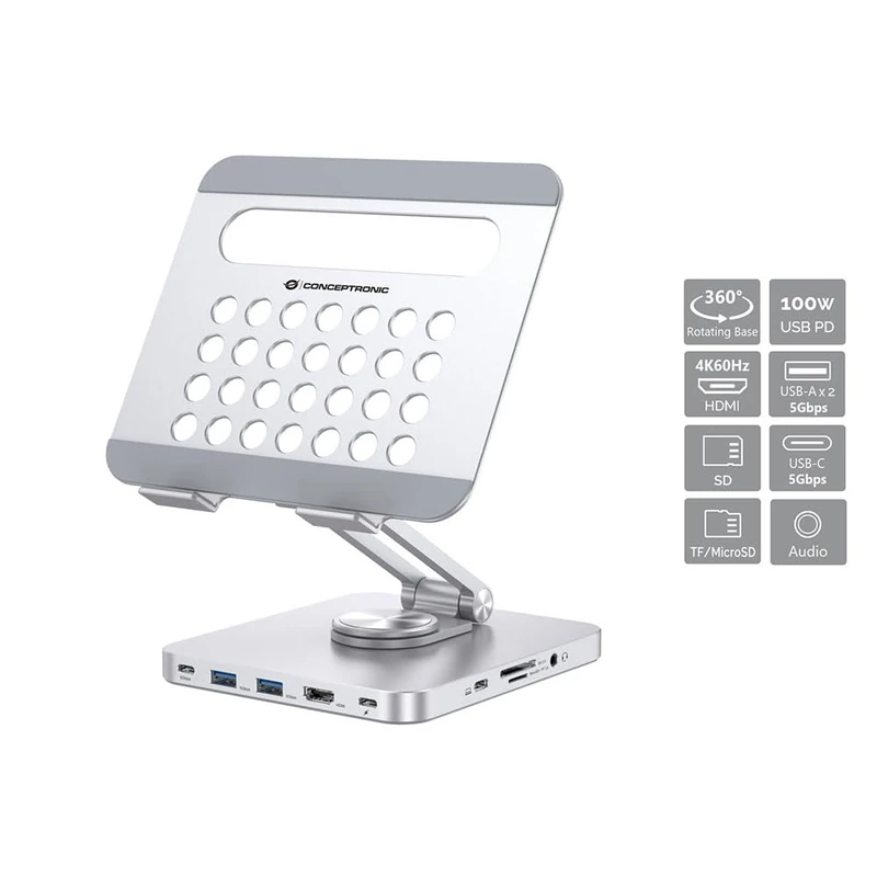 Conceptronic DONN26G Tablet Stand with 8 in 1 USB 3.2 Gen 1 Docking Station, 360° Rotating Base, Foldable Adjustable Height