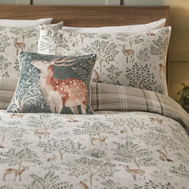 Dreams & Drapes Forest Deer Duvet Cover – King Size 230 x 220cm – Reversible – 100% Cotton Flannelette – Woodland Bedding in Natural