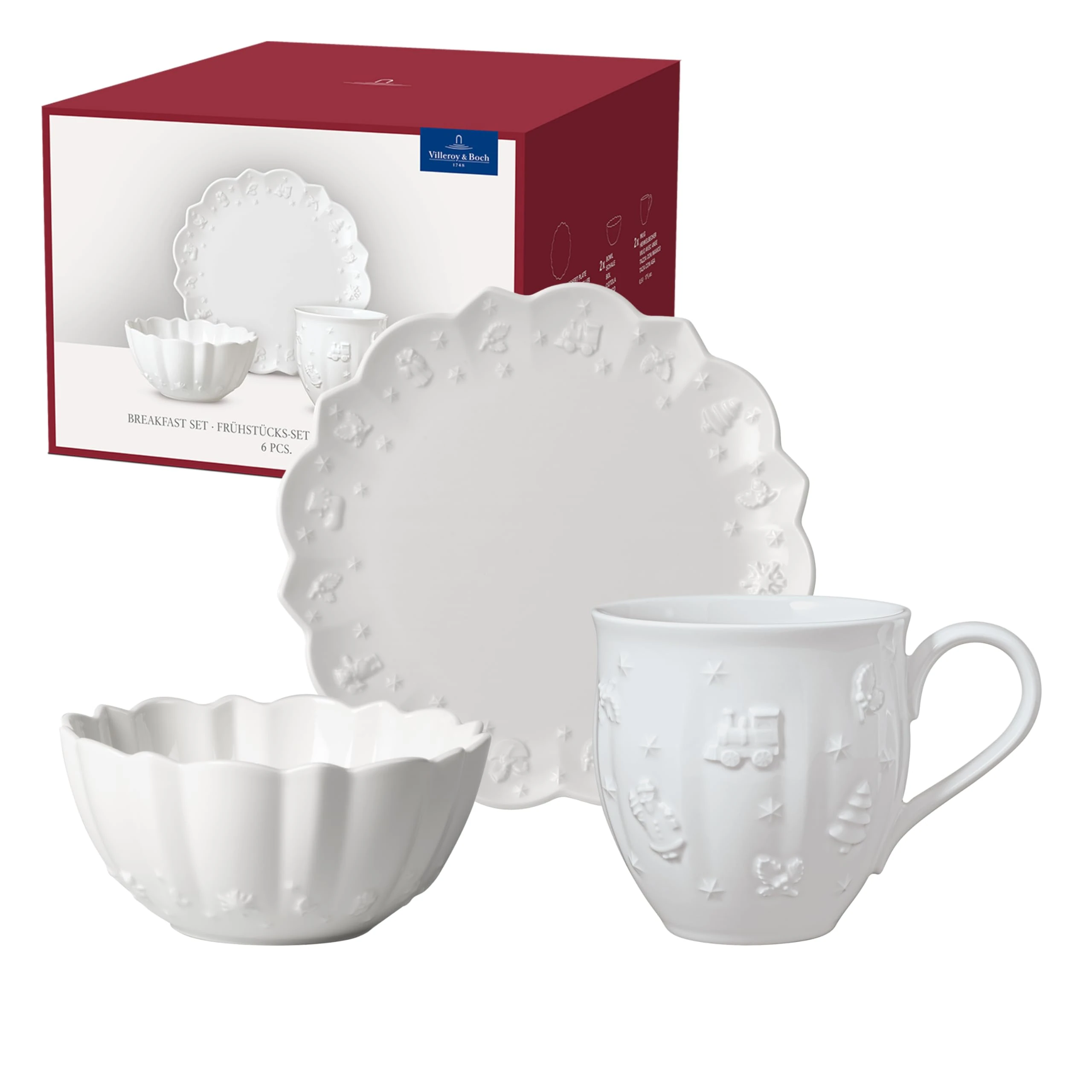 Villeroy & Boch – Toy's Delight Royal Classic Breakfast Set 6pcs., tableware set for 2 people, breakfast plates, cereal bowls, cups, Christmas plate, premium porcelain, dishwasher-safe, microwave-safe