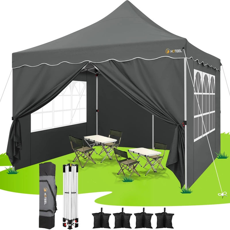 HOTEEL Gazebo 3 x 3 Folding Gazebo 3 x 3 Waterproof Stable with 4 Side Panels and 4 Sand Bags UV Protection 50+ Party Tent Garden Gazebo Pop Up Gazebo Steel Frame High Peak Grey - Image 1