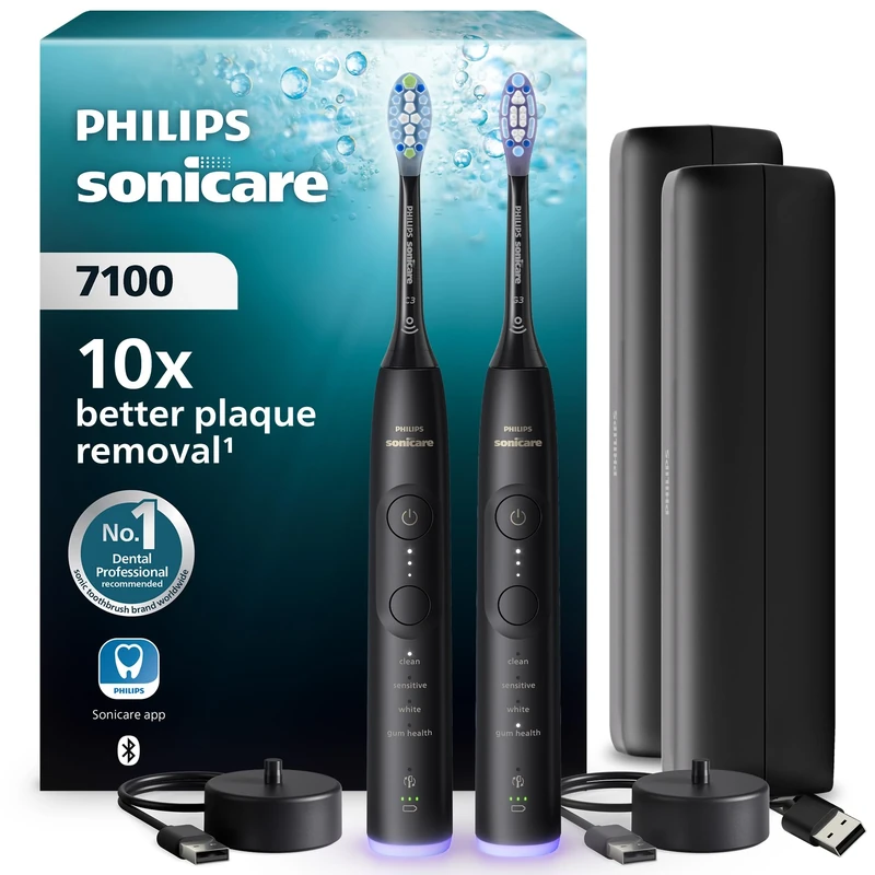 Philips Sonicare 7100 Electric Toothbrush, Sonic Toothbrush with App, 4 Brushing Modes and 3 Intensity Levels, Pressure Alert, EasyStart, SmarTimer, Black, 2 Pack, Model HX7429/03 [New Technology]