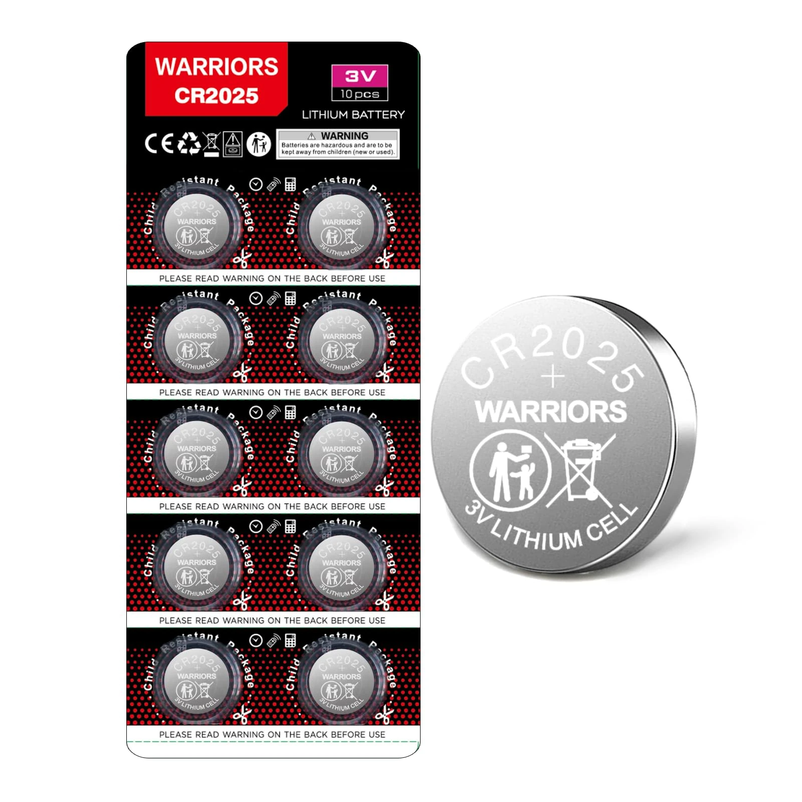 Warriors 10X 2025 CR2025 Coin Button Cell 3V 3 Volt Lithium Batteries 10X Child Resistance Safety Package Retail Pack