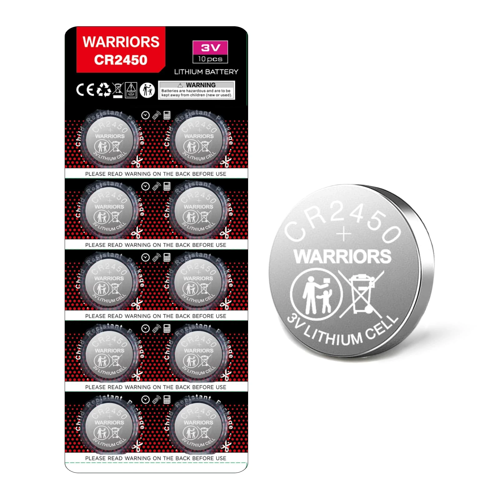 Warriors 10X 2450 CR2450 Coin Button Cell 3V 3 Volt Lithium Batteries Battery Child Resistance Safety Package Retail Pack