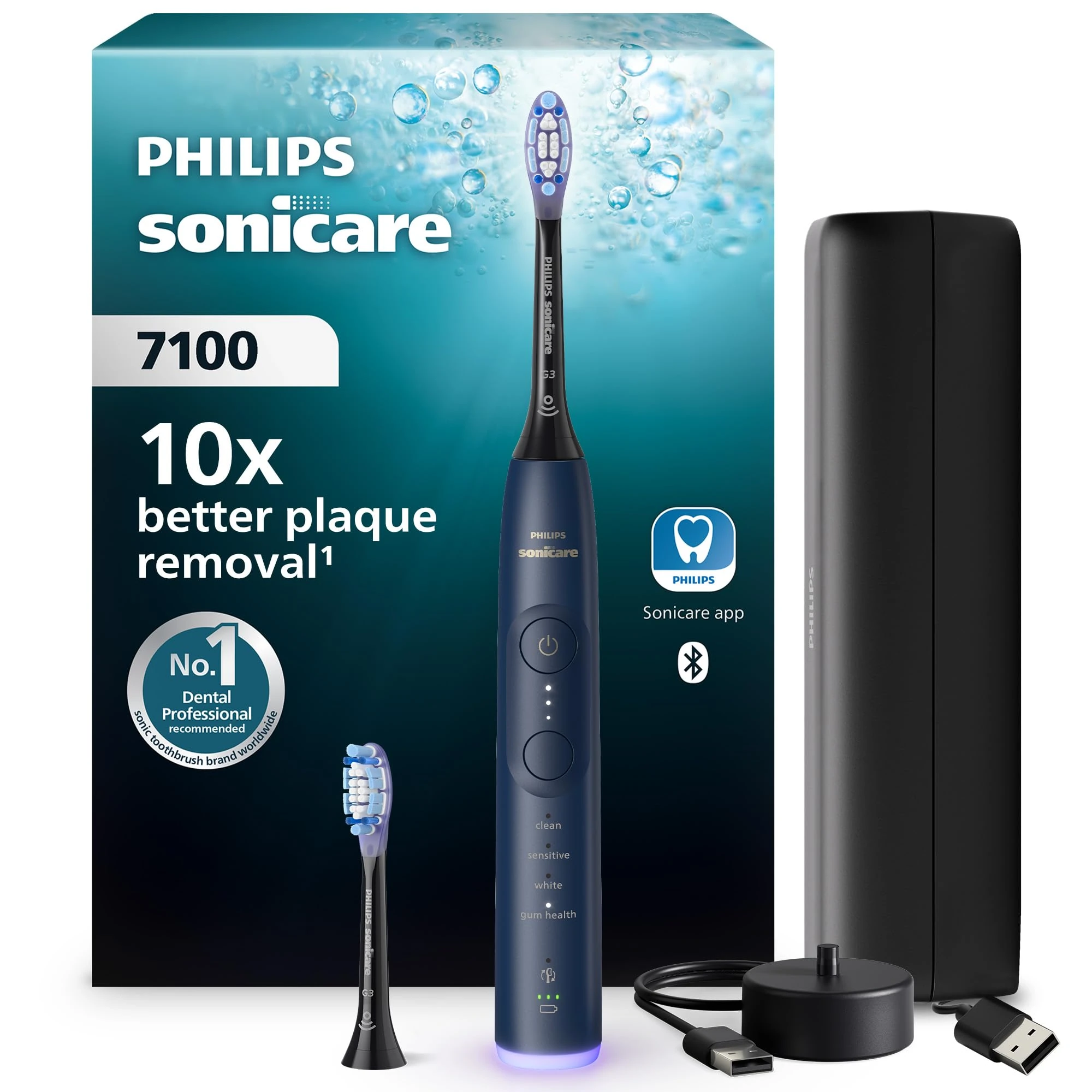 Philips Sonicare 7100 Electric Toothbrush, Sonic Toothbrush with App, 4 Brushing Modes and 3 Intensity Levels, Pressure Alert, EasyStart, SmarTimer, Navy Blue, Model HX7423/01 [New Technology]
