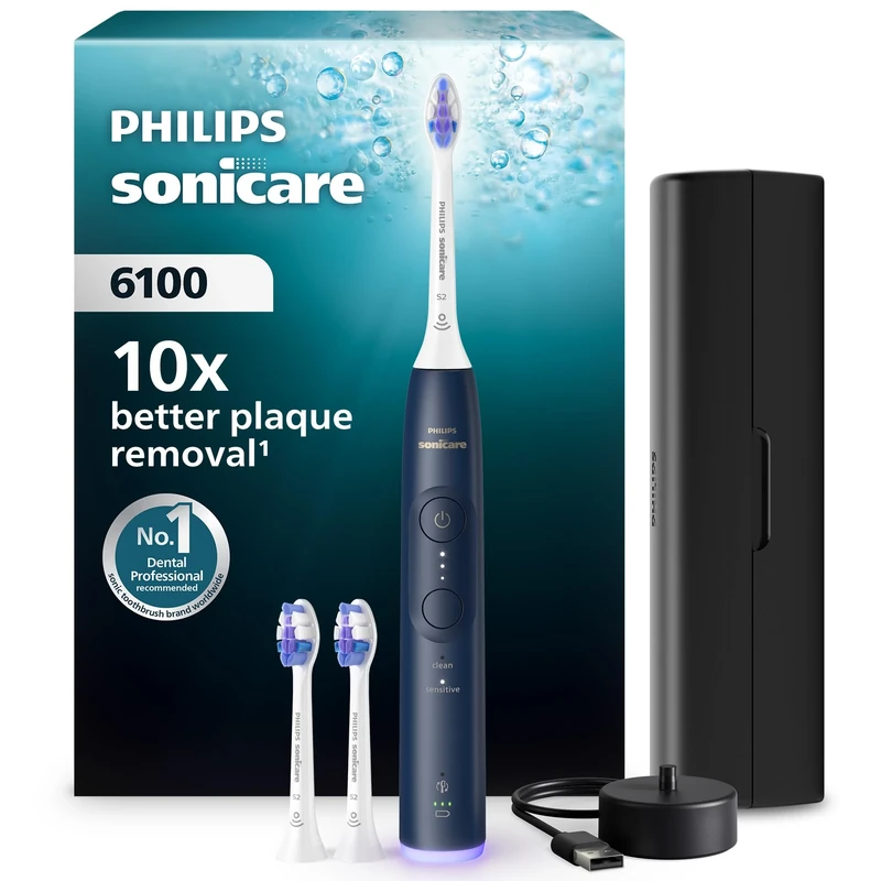 Philips Sonicare 6100 Electric Toothbrush, Sonic Toothbrush with 2 Brushing Modes and 3 Intensity Levels, Pressure Alert, EasyStart, SmarTimer, Travel Case, Navy, Model HX7403/01 [New Technology]