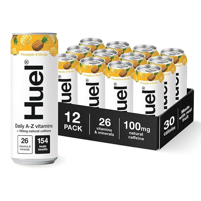 Huel Daily A-Z Vitamins Energy Drink, 12 x 330ml Cans, Pineapple & Mango Sparkling Multivitamin Energy Drink, Fizzy Drinks Made with Real Fruit, Rich in Electrolytes, Low Calorie, Caffeine Boost