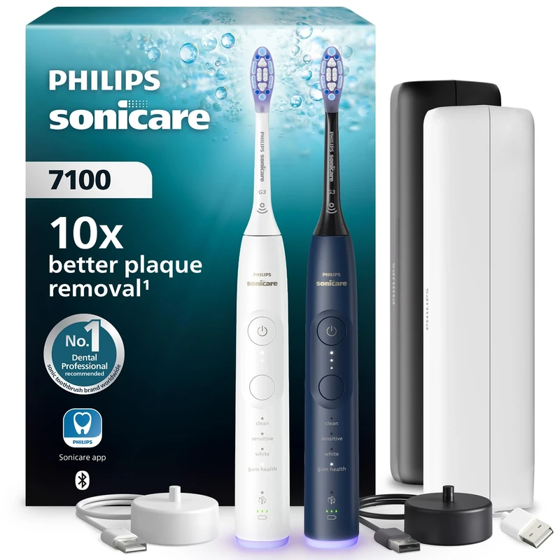 Philips Sonicare 7100 Electric Toothbrush, Sonic Toothbrush with App, 4 Brushing Modes and 3 Intensity Levels, Pressure Alert, EasyStart, SmarTimer, White and Navy, 2 Pack, HX7429/01 [New Technology]