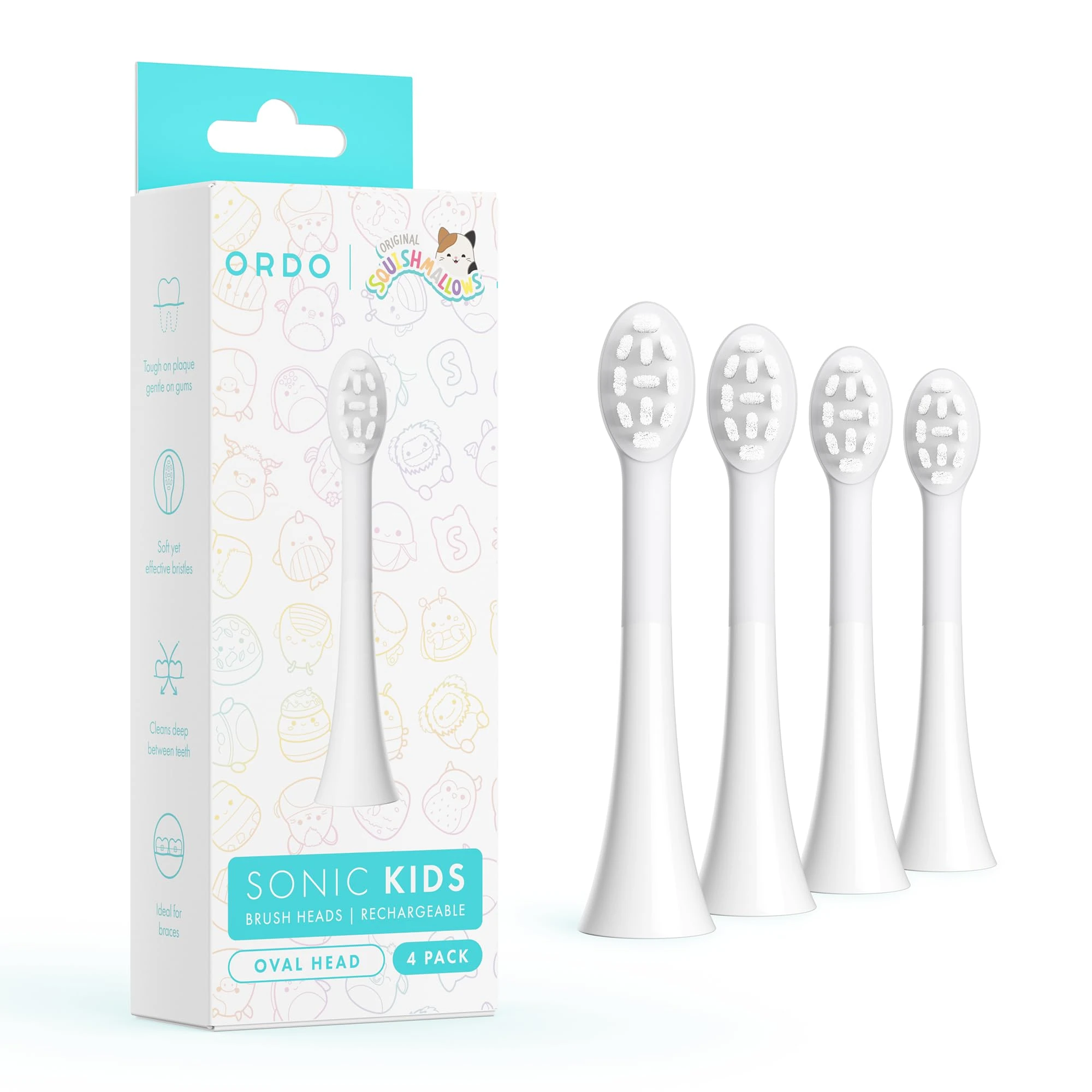ORDO Sonic Squishmallows Kids Toothbrush Heads for Electric Rechargeable Toothbrush, Soft Bristles, for Children Ages 4 and Up, White (Pack of 4)