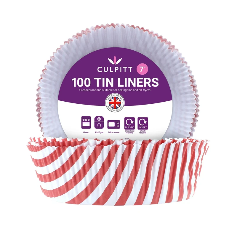 Culpitt 7" Cake Tin Liners | Red Stripe | 100 Pack | Greaseproof Paper Cake Tin Liner For Cakes, Pies, Tarts, Air Fryer Liner, Made In The UK