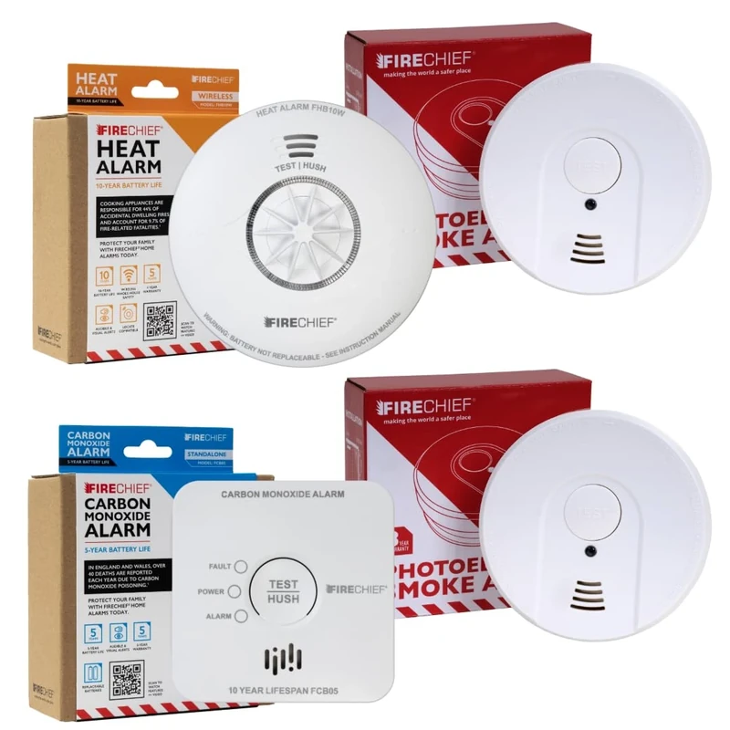 Basic Whole House Fire Alarm Kit - 2 Smoke Alarms, Heat Alarm, Carbon Monoxide Alarm - Covers 2 Storeys - Protect Your Home or Property