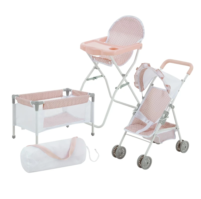 Olivia's Little World Polka Dot Princess Baby Doll 3pc Nursery Set - Crib, High Chair & Stroller, Pink & Grey