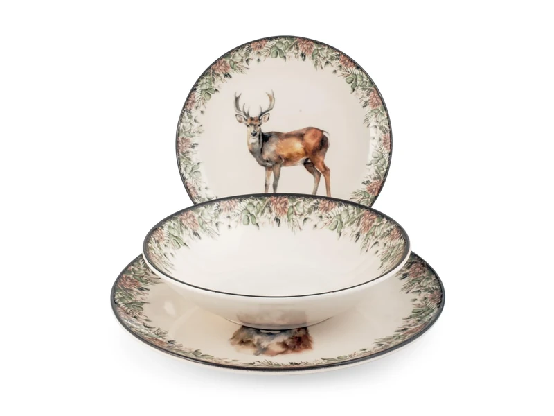 H&H Montana 18-Piece Dinner Set - Stoneware Christmas Plates Set with Deer Design, Dishwasher and Microwave Safe - Serving for 6 People, Dinner Plates, Soup Plates and Fruit Plates