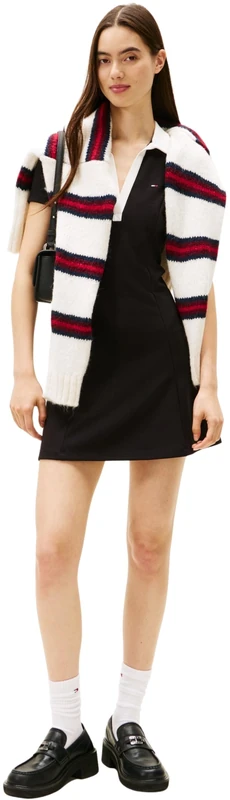 Tommy Jeans Women’s Contrast Fit & Flare Mini Polo Dress, Black (Black), M - Image 1