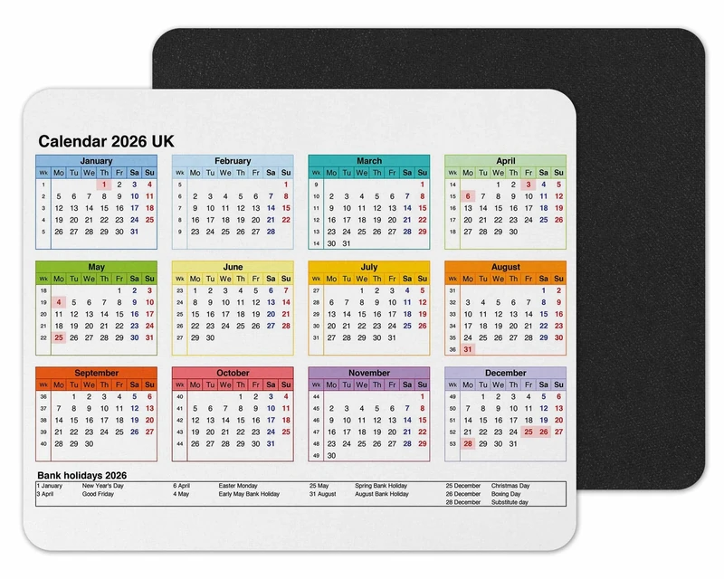 Vixar Calendar 2026 Mouse mat pad for UK with Holiday Non Slip PC Desktop Laptop for office school work home (White)