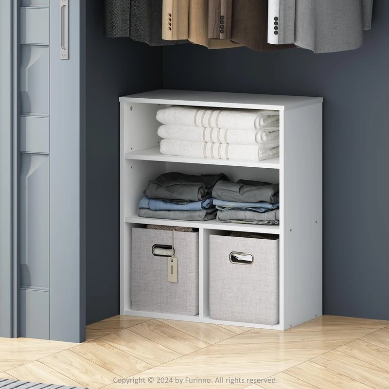 Furinno REED Wardrobe Storage Organiser, 3-Tier Open Shelves Clothes Storage with Divider, Clothing Closet Organiser, for Bedroom, Closet, White