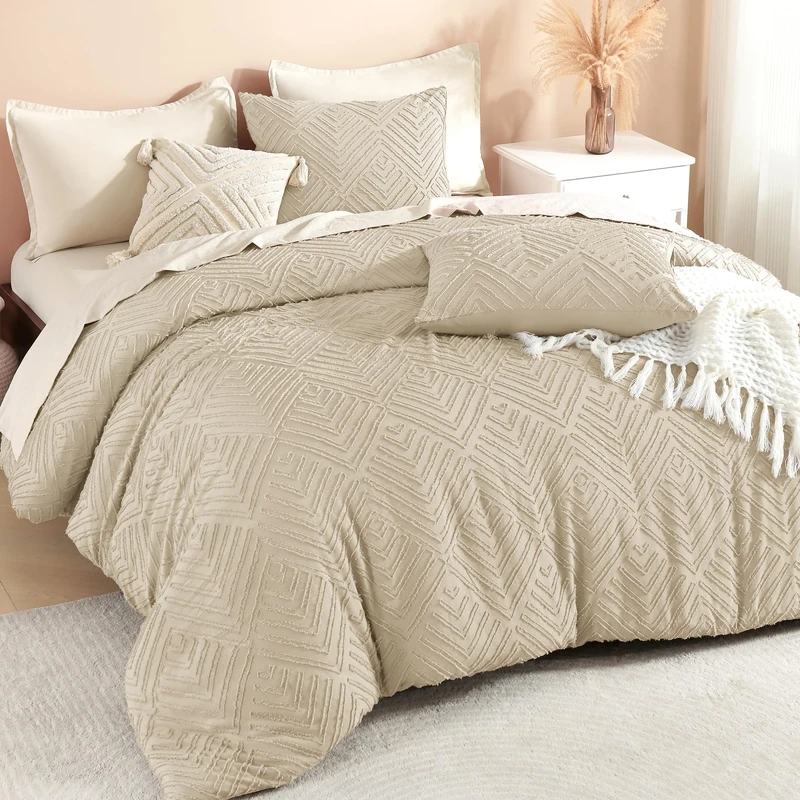 Litanika King Size Comforter Set, 3 Pieces Khaki Tufted Boho Bedding Set