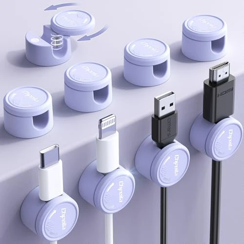 9 Pack Magnetic Cord Organizer [Upgraded Twist-Lock Clips], [360°Rotating Lid] Chfeila Adhesive Cable Management Clips, Phone Charger Cord Holder for Desk Nightstand Car Table Wall, Purple