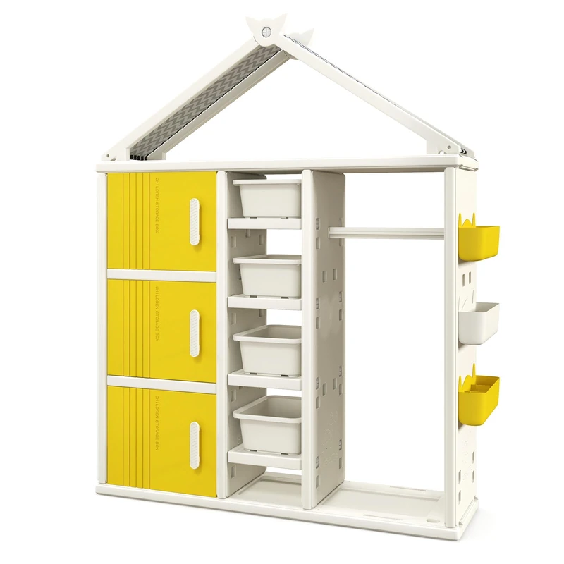 GYMAX Kids Clothes Closet, Children Dress up Storage Unit with Clothes Rail, Toy Bins, Shelves & Side Baskets, Toddlers Wardrobe for Bedroom Nursery (Yellow)