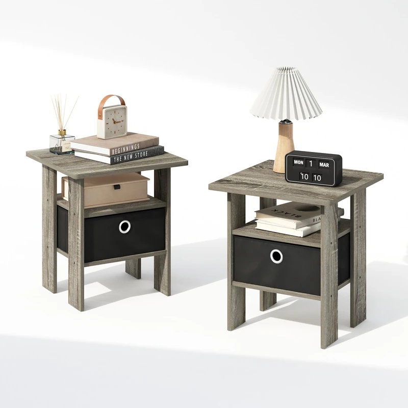 Furinno TIDUR Night Stand Set of 2, Open Shelf Design Nightstand with Storage Bin, Bedside Table, End Table, Side Table, for Bedroom, Living Room, French Oak