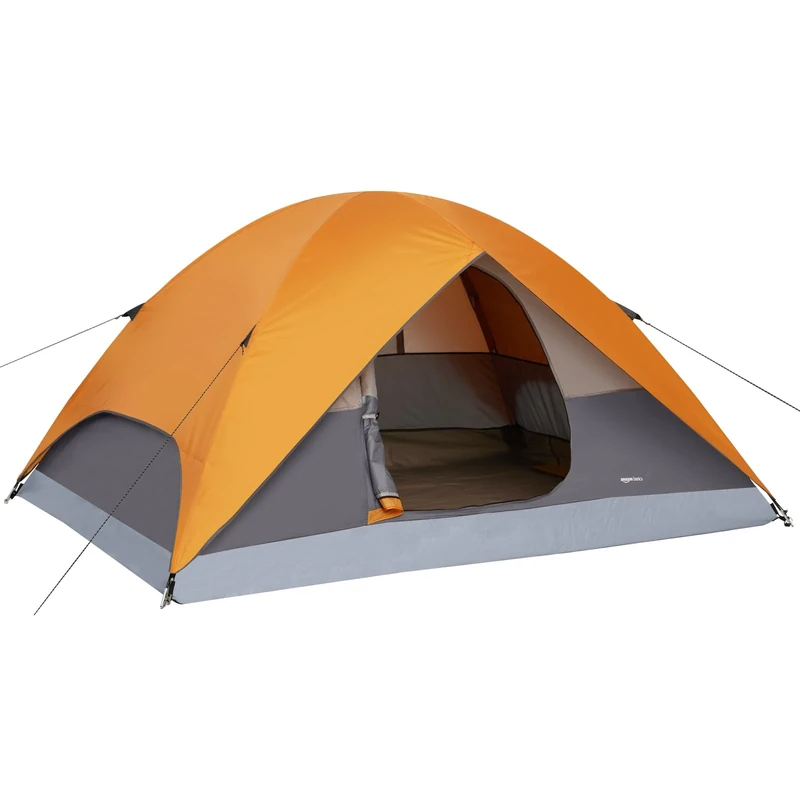 Amazon Basics Dome Camping Tent with Rainfly and Carry Bag, 3-Season Easy Set-Up Tent, 2 Person, Orange And Grey