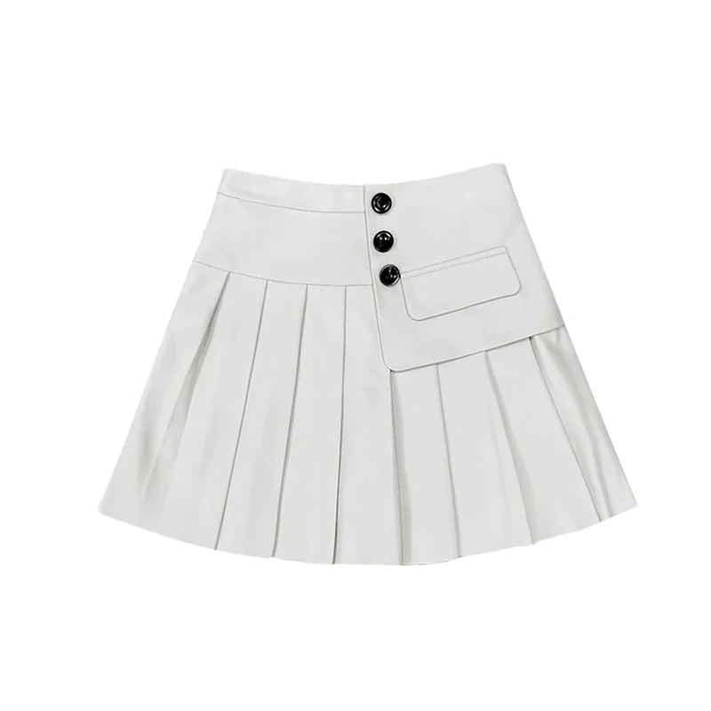 Dvbfufv Women Leather Skirt Women Spring Korean Fashion High Waist Buttons Pleated Skirt Female Sexy Mini Skirt White