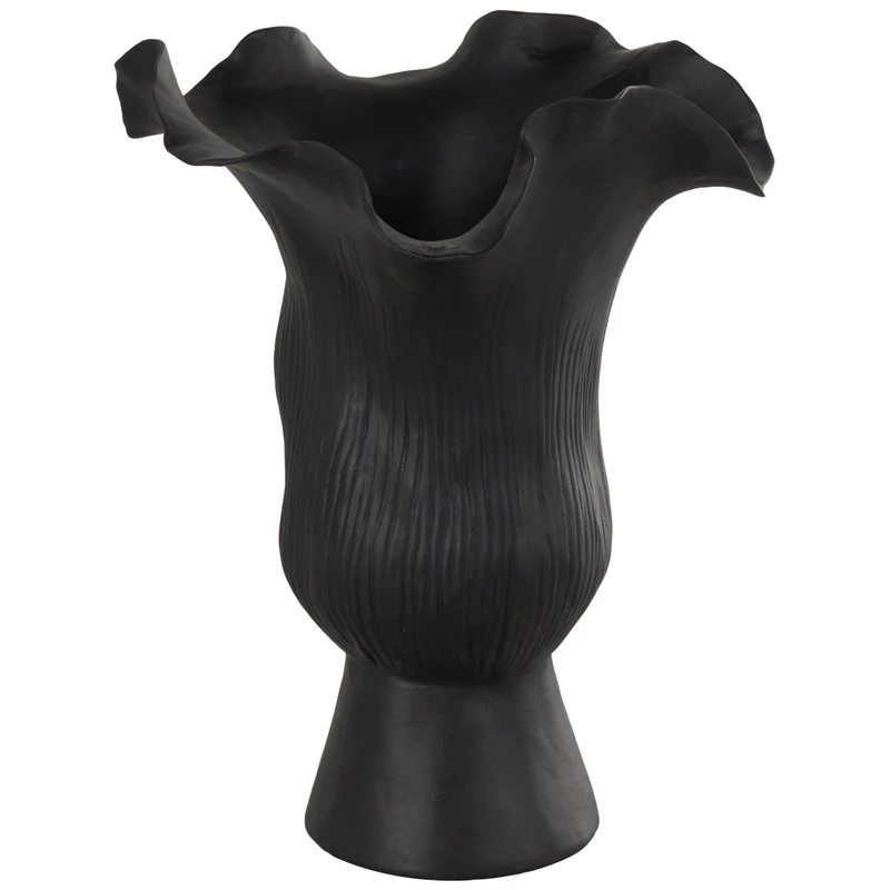 Deco 79 Ceramic Abstract Floral Inspired Vase with Wavy Folded Rim and Linear Grooves, 8" x 7" x 11", Black